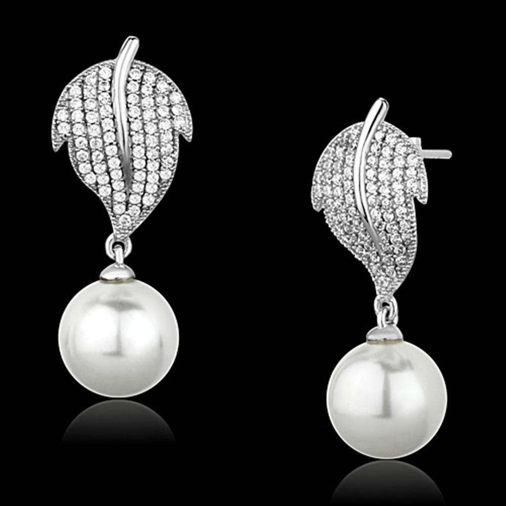 TS166 Rhodium 925 Sterling Silver Earrings featuring a white synthetic pearl, showcasing elegance and craftsmanship.