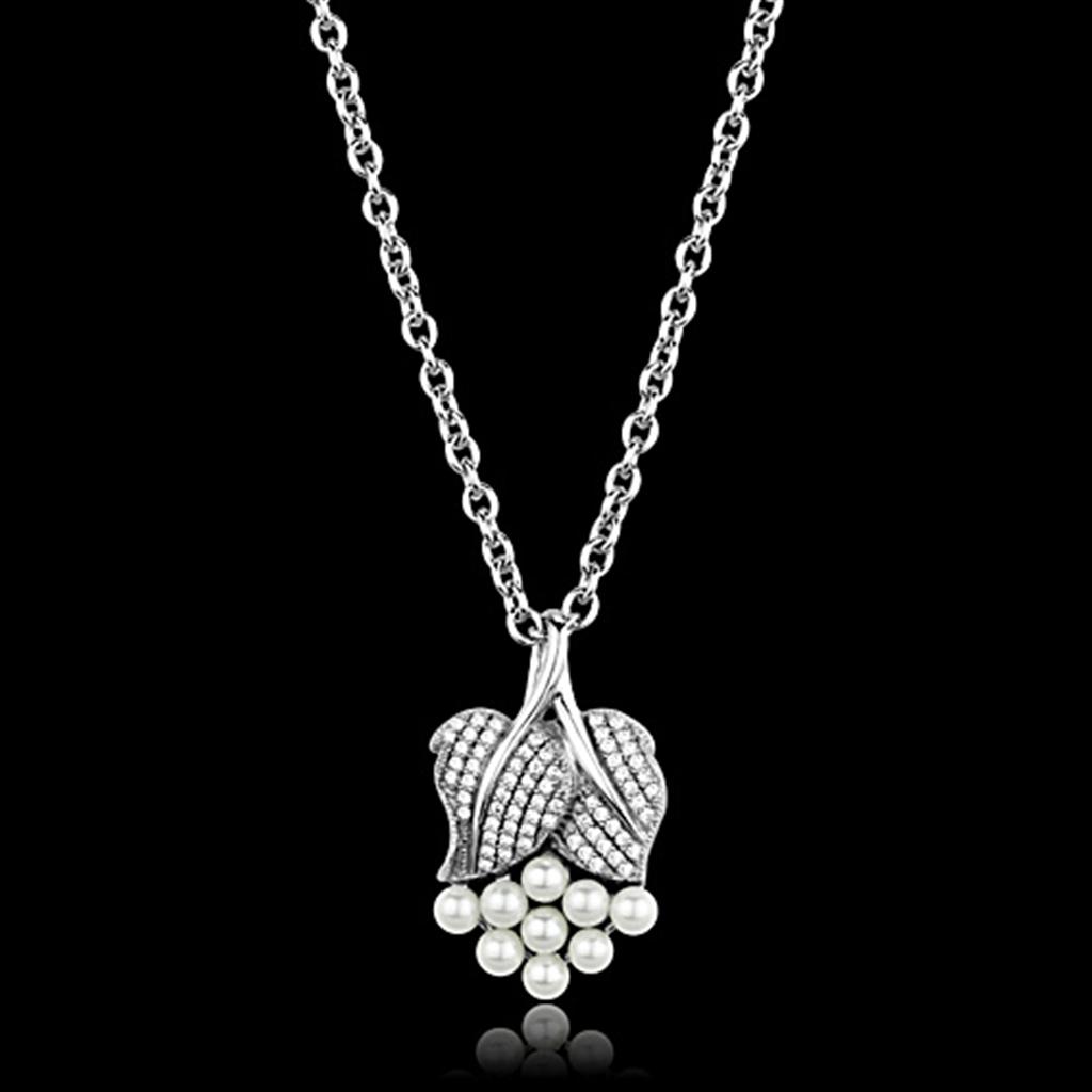 TS165 Rhodium 925 Sterling Silver Chain Pendant featuring a white synthetic pearl, showcasing its elegant design and shiny finish.