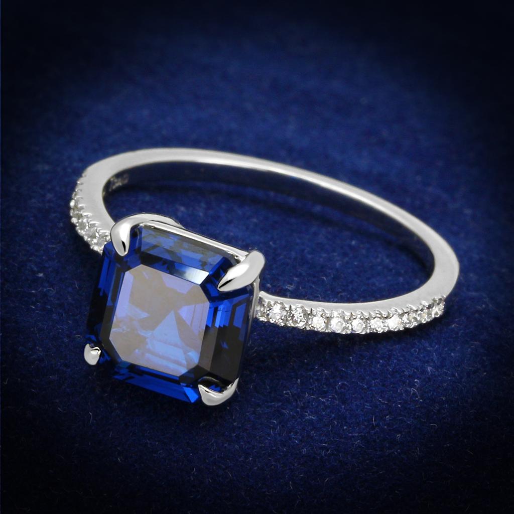TS177 Rhodium 925 Sterling Silver Ring featuring a London Blue Synthetic Spinel, showcasing its elegant design and vibrant color.