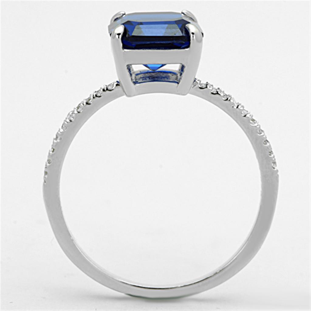 TS177 Rhodium 925 Sterling Silver Ring featuring a London Blue Synthetic Spinel, showcasing its elegant design and vibrant color.