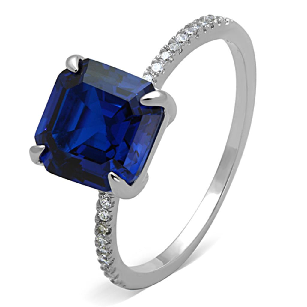 TS177 Rhodium 925 Sterling Silver Ring featuring a London Blue Synthetic Spinel, showcasing its elegant design and vibrant color.