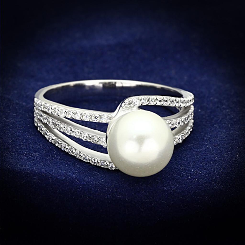 TS170 Rhodium 925 Sterling Silver Ring featuring a synthetic white pearl, showcasing its elegant design and shiny finish.