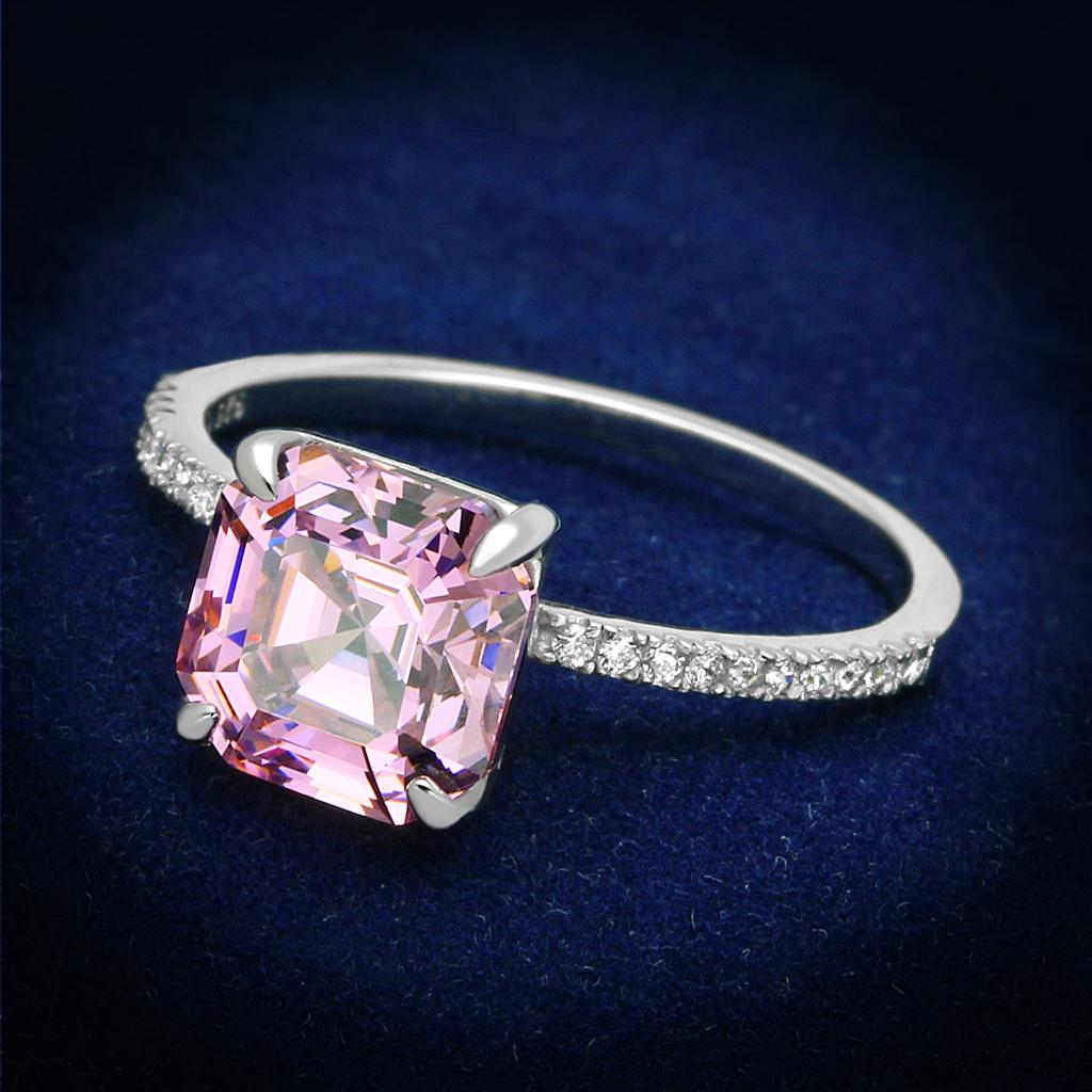 TS179 Rhodium 925 Sterling Silver Ring featuring a rose cubic stone, showcasing elegance and sophistication.