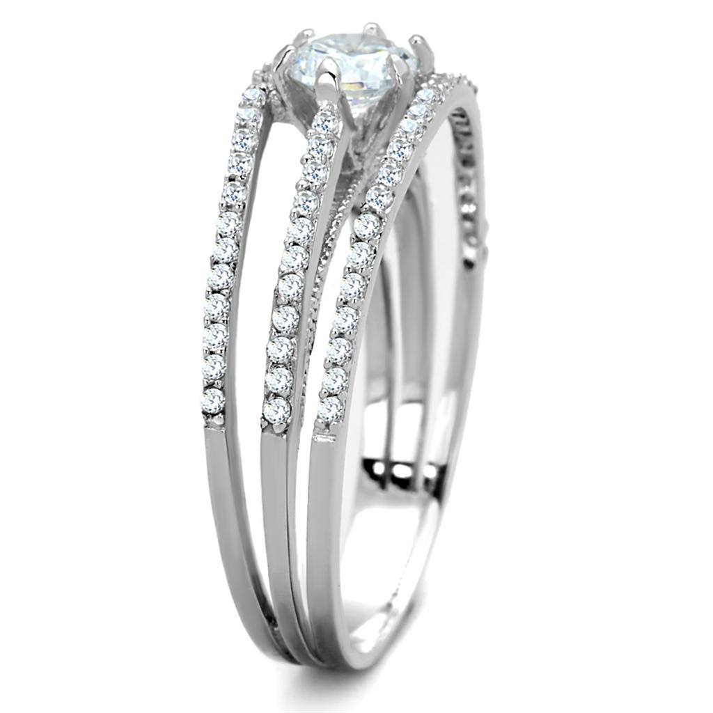 TS185 Rhodium 925 Sterling Silver Ring featuring a clear AAA Grade CZ stone, showcasing its elegant design and shiny finish.