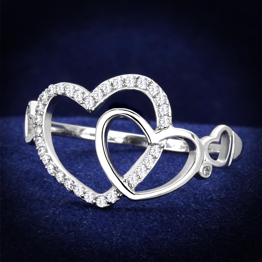 TS193 Rhodium 925 Sterling Silver Ring featuring a clear AAA Grade cubic zirconia stone, showcasing its elegant design and shiny finish.