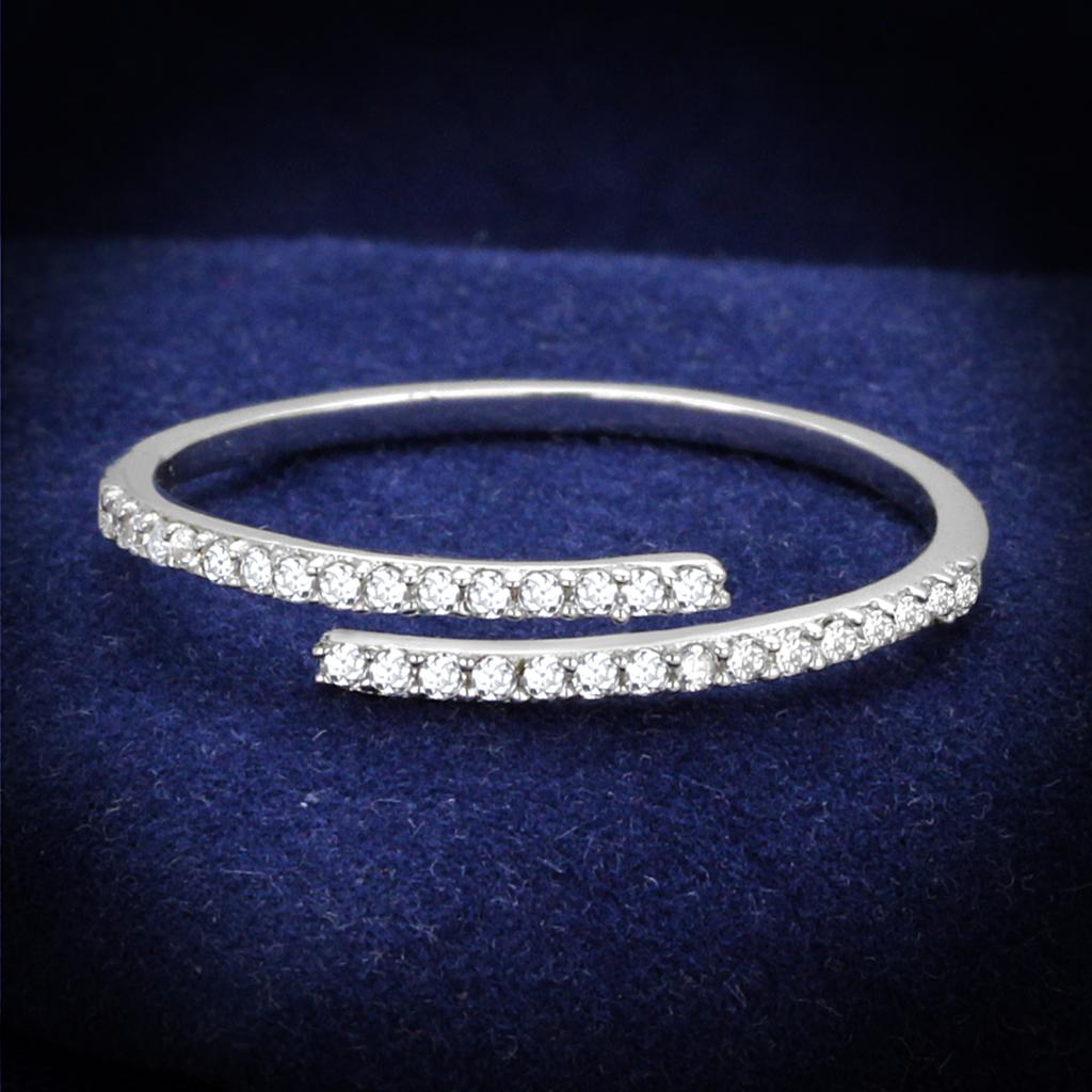 TS204 Rhodium 925 Sterling Silver Ring featuring a clear AAA Grade CZ stone, showcasing its elegant design and shiny finish.