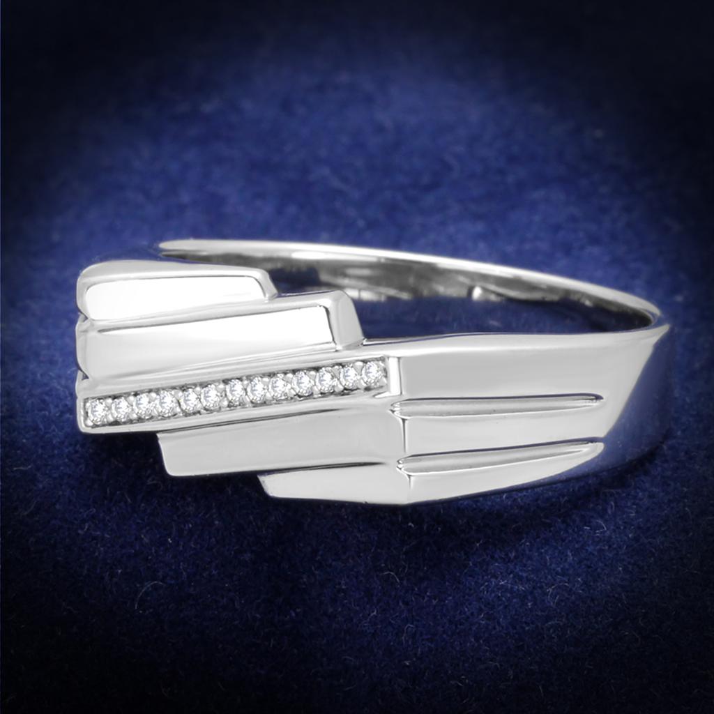 TS232 Rhodium 925 Sterling Silver Ring featuring a clear AAA Grade CZ stone, showcasing its elegant design and shiny finish.