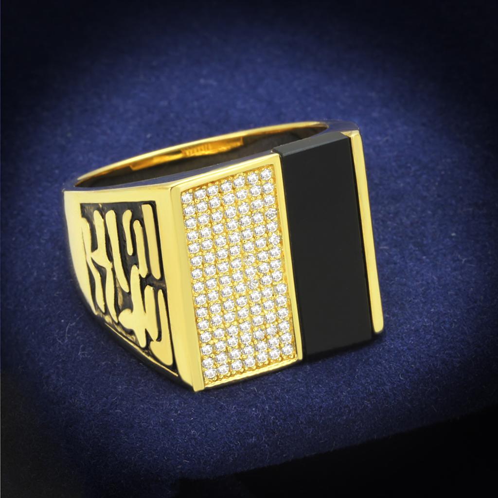 TS236 Gold 925 Sterling Silver Ring featuring a semi-precious Onyx stone in jet black color, showcasing its elegant design and craftsmanship.