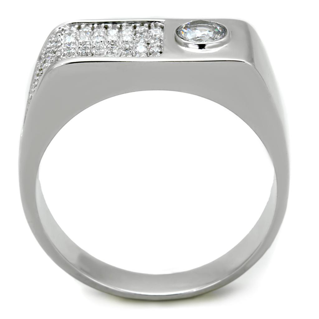 TS239 Rhodium 925 Sterling Silver Ring featuring a clear AAA Grade CZ stone, showcasing its elegant design and high-quality materials.