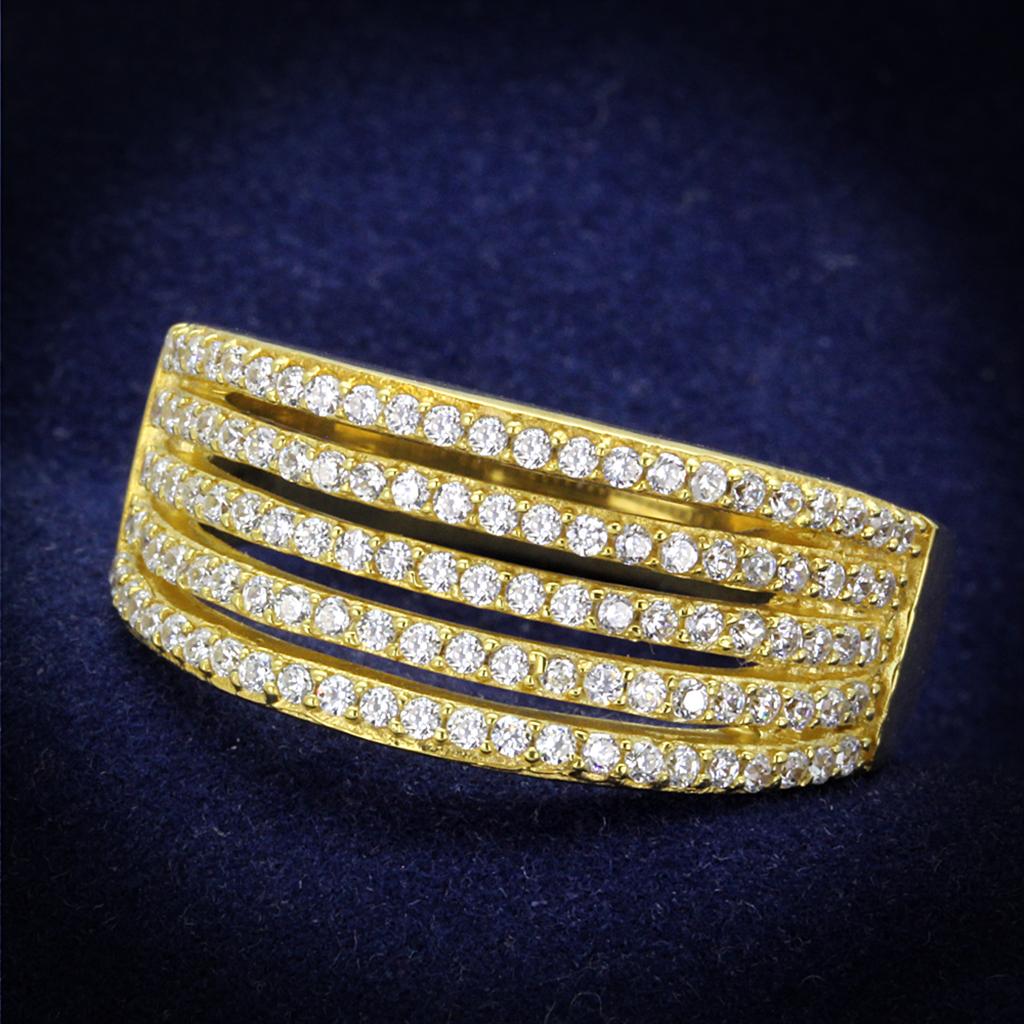 TS254 Gold 925 Sterling Silver Ring featuring a clear AAA Grade CZ stone, showcasing its elegant design and luxurious gold finish.