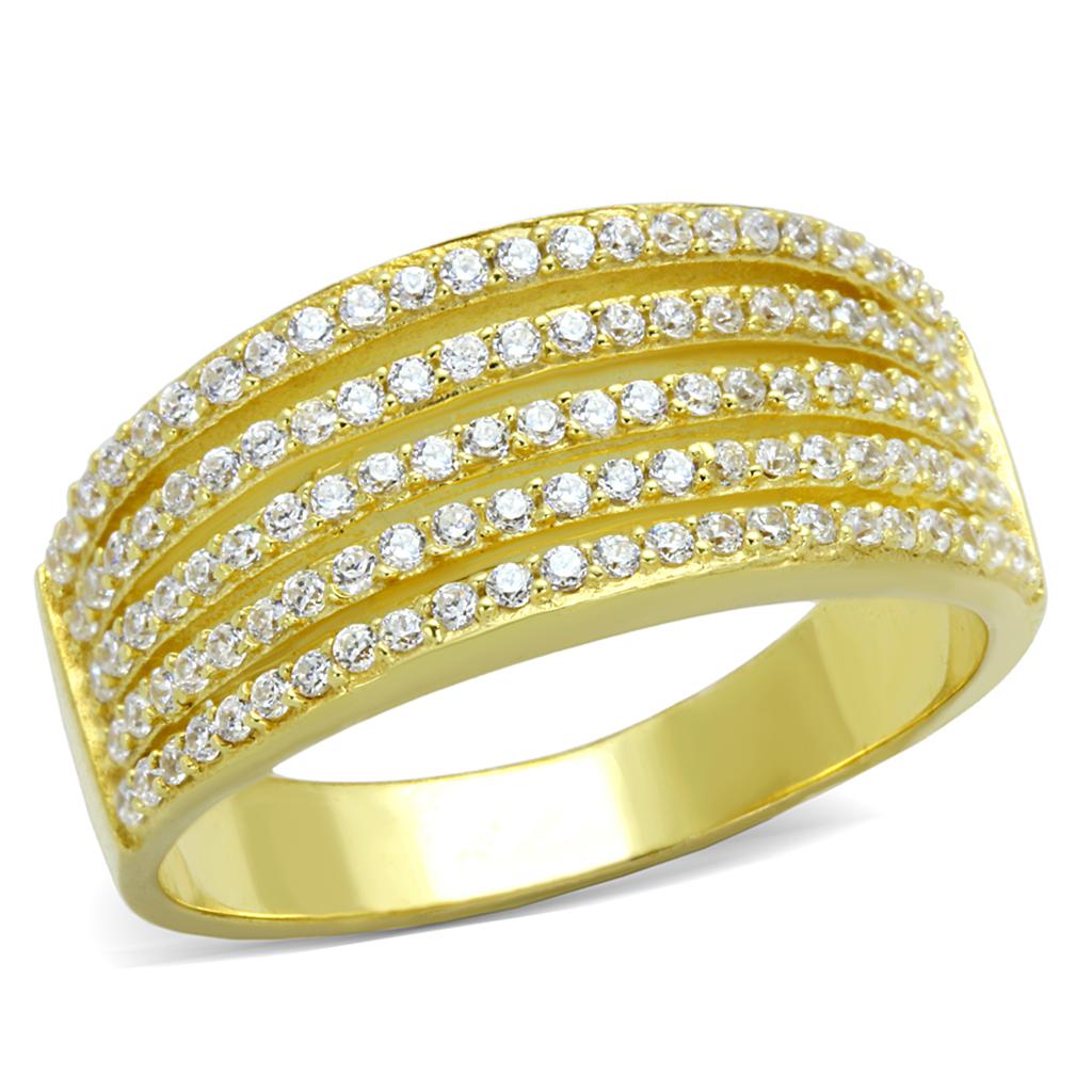 TS254 Gold 925 Sterling Silver Ring featuring a clear AAA Grade CZ stone, showcasing its elegant design and luxurious gold finish.