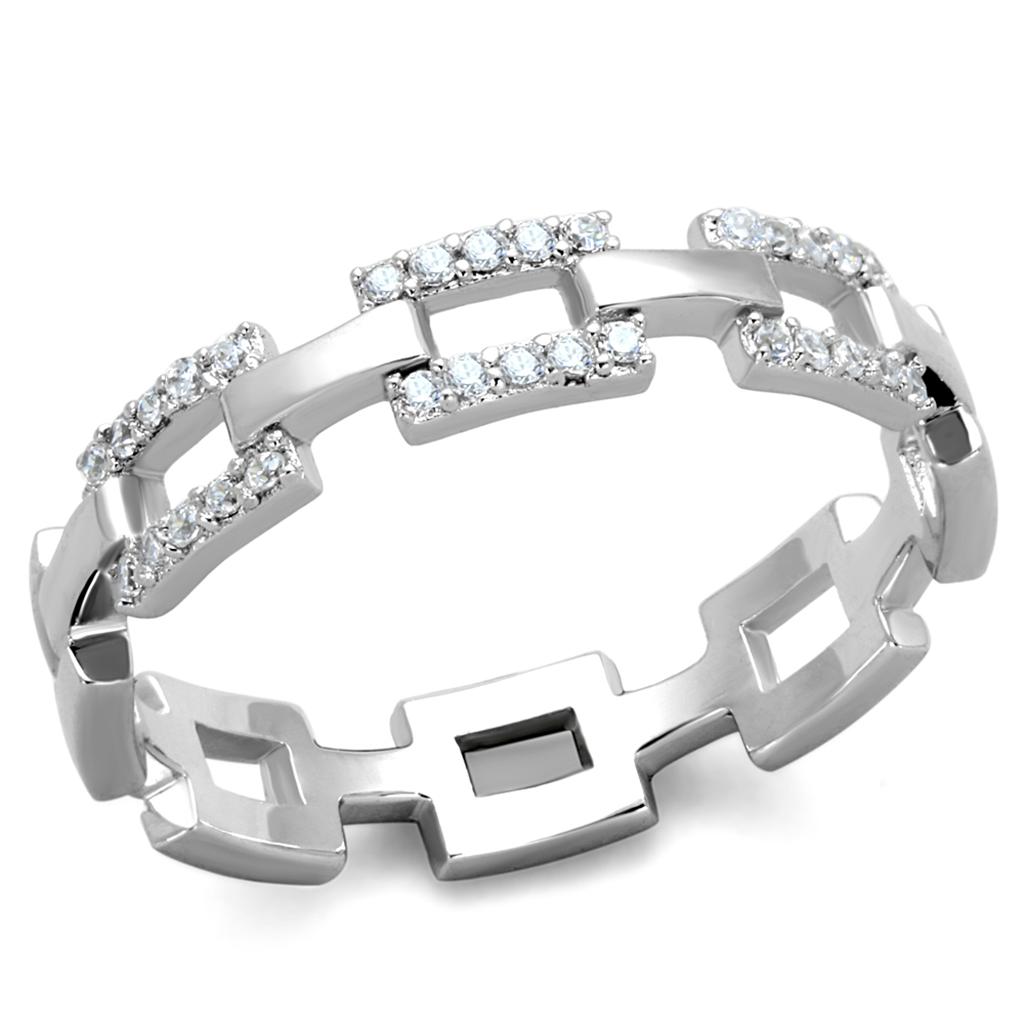 TS257 Rhodium 925 Sterling Silver Ring featuring a clear AAA Grade CZ stone, showcasing its elegant design and shiny finish.