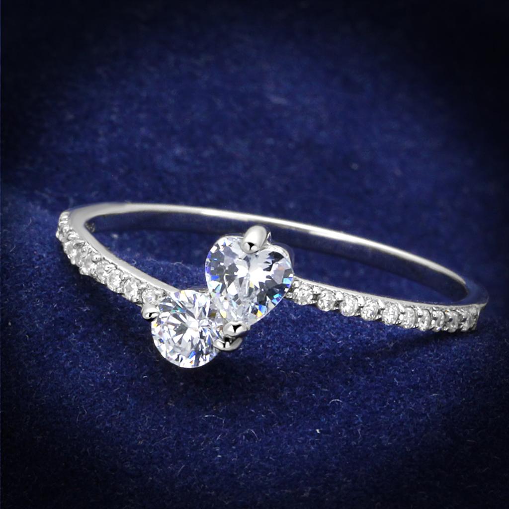 TS258 Rhodium 925 Sterling Silver Ring featuring AAA Grade Clear CZ stone, showcasing its elegant design and shiny finish.