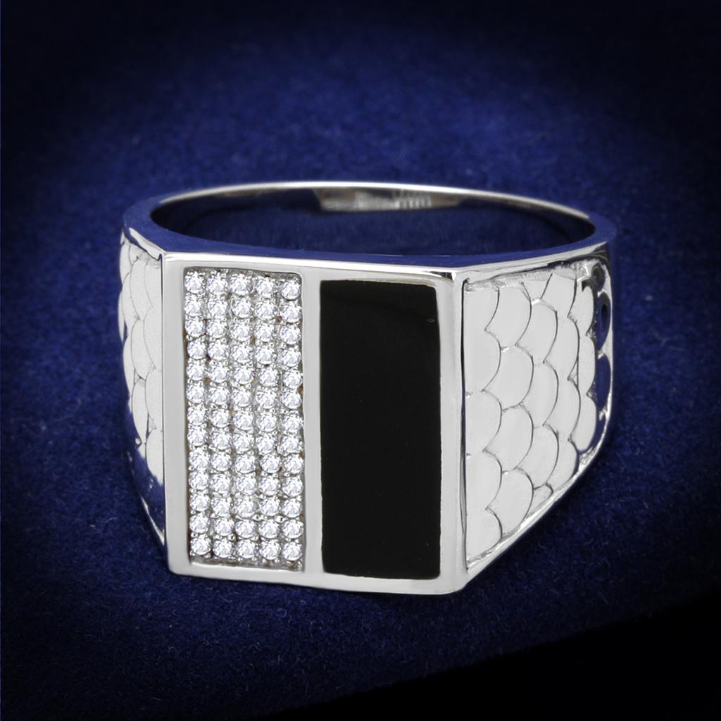 TS226 Rhodium 925 Sterling Silver Ring featuring a clear AAA Grade cubic zirconia stone, showcasing its elegant design and shiny finish.