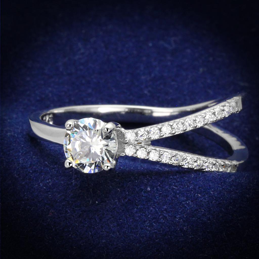 TS261 Rhodium 925 Sterling Silver Ring featuring AAA Grade Clear CZ stone, showcasing its elegant design and shine.