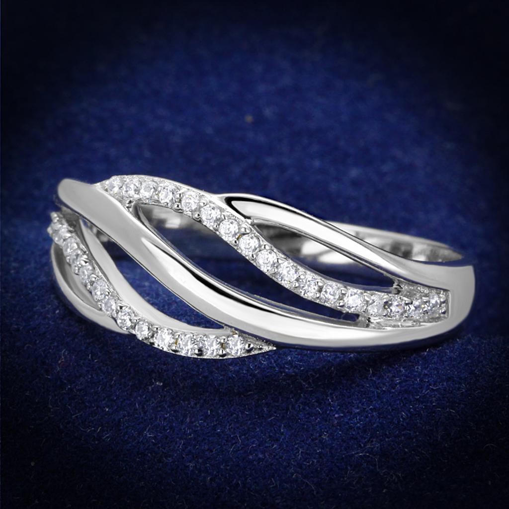TS268 Rhodium 925 Sterling Silver Ring featuring a clear AAA Grade CZ stone, showcasing its elegant design and shine.