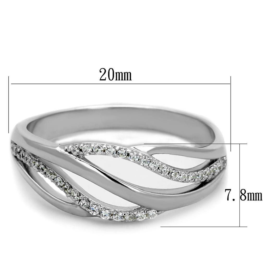TS268 Rhodium 925 Sterling Silver Ring featuring a clear AAA Grade CZ stone, showcasing its elegant design and shine.