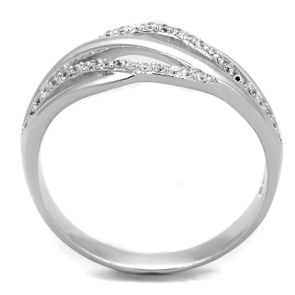 TS268 Rhodium 925 Sterling Silver Ring featuring a clear AAA Grade CZ stone, showcasing its elegant design and shine.