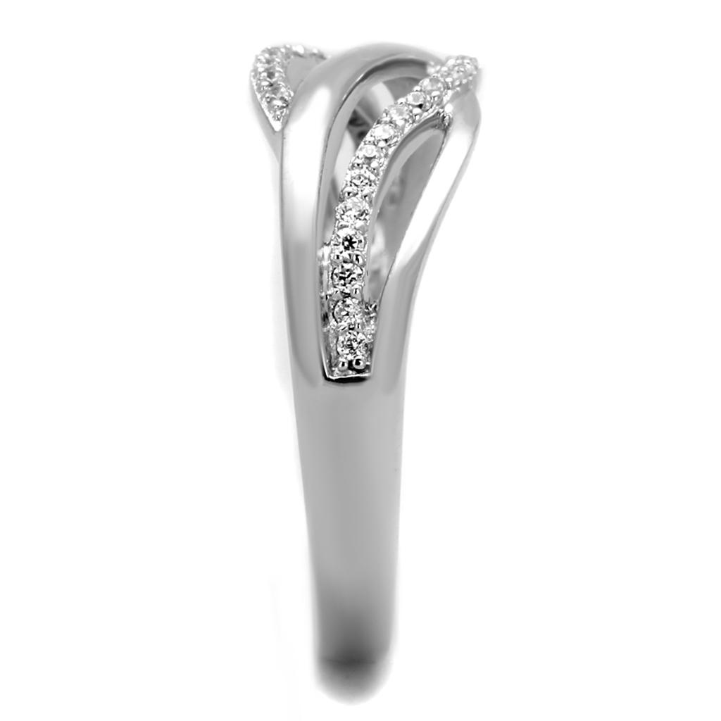 TS268 Rhodium 925 Sterling Silver Ring featuring a clear AAA Grade CZ stone, showcasing its elegant design and shine.
