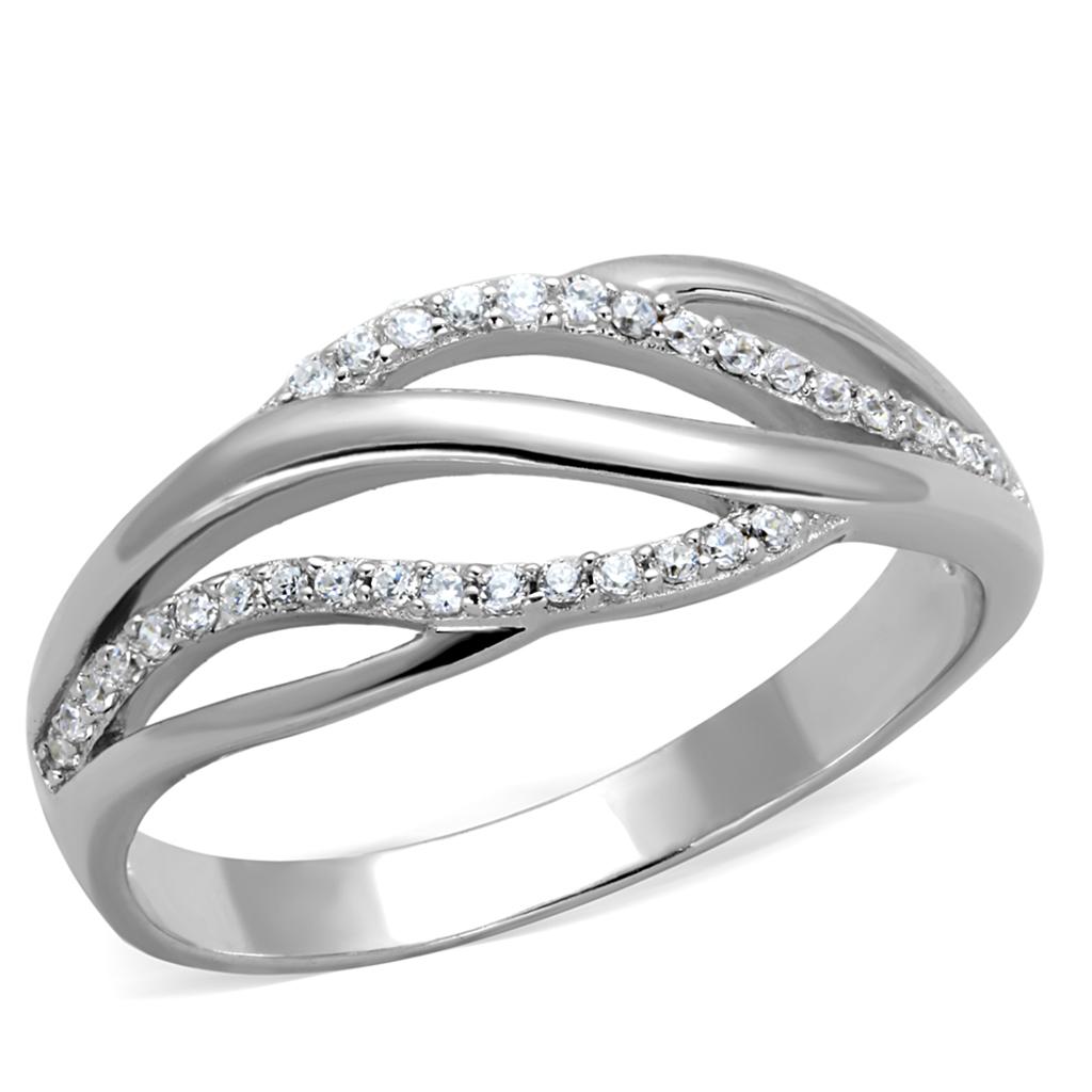TS268 Rhodium 925 Sterling Silver Ring featuring a clear AAA Grade CZ stone, showcasing its elegant design and shine.