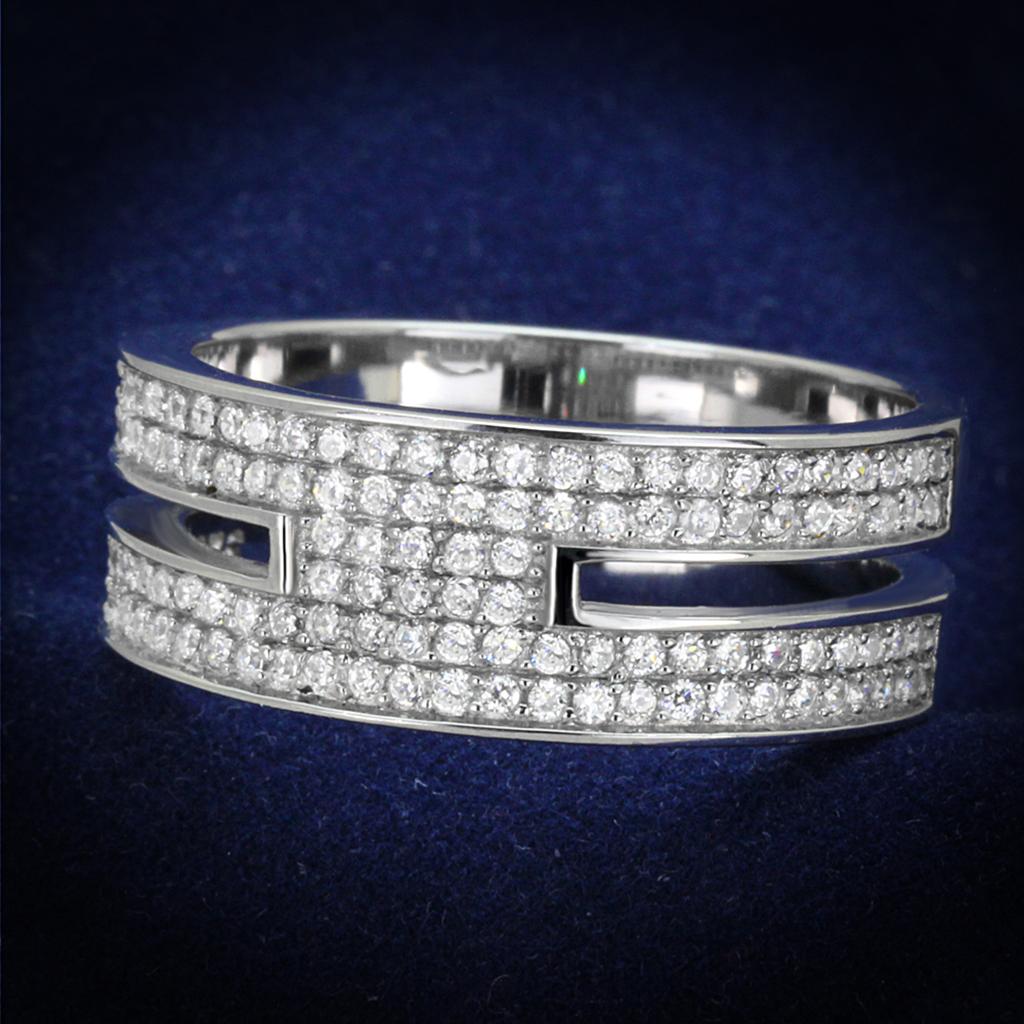 TS273 Rhodium 925 Sterling Silver Ring featuring a clear AAA Grade CZ stone, showcasing its elegant design and shiny finish.