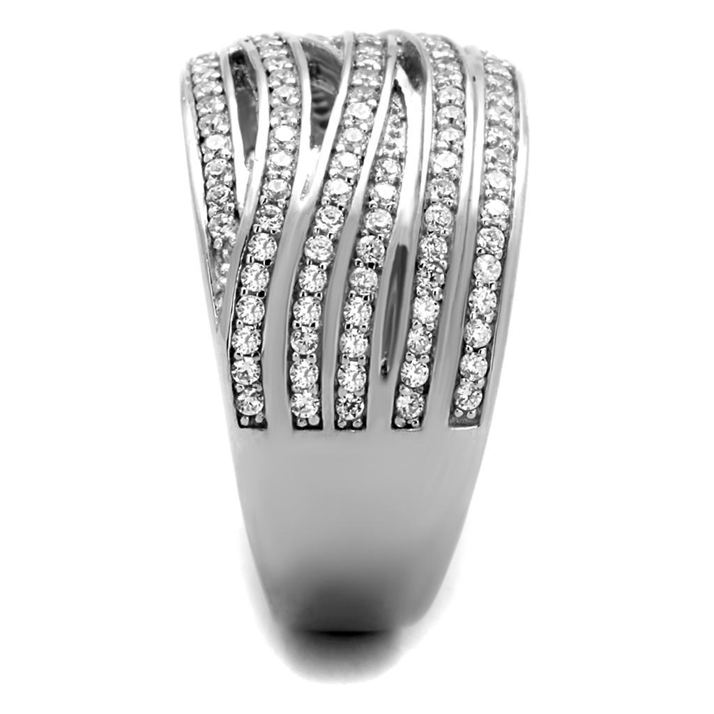 TS274 Rhodium 925 Sterling Silver Ring featuring a clear AAA Grade CZ stone, showcasing its elegant design and high-quality finish.