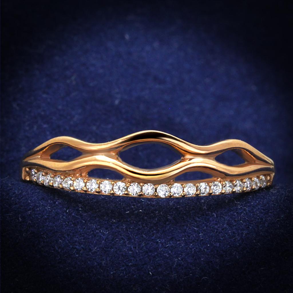 TS278 Rose Gold 925 Sterling Silver Ring featuring AAA Grade Clear CZ, showcasing its elegant design and luxurious finish.