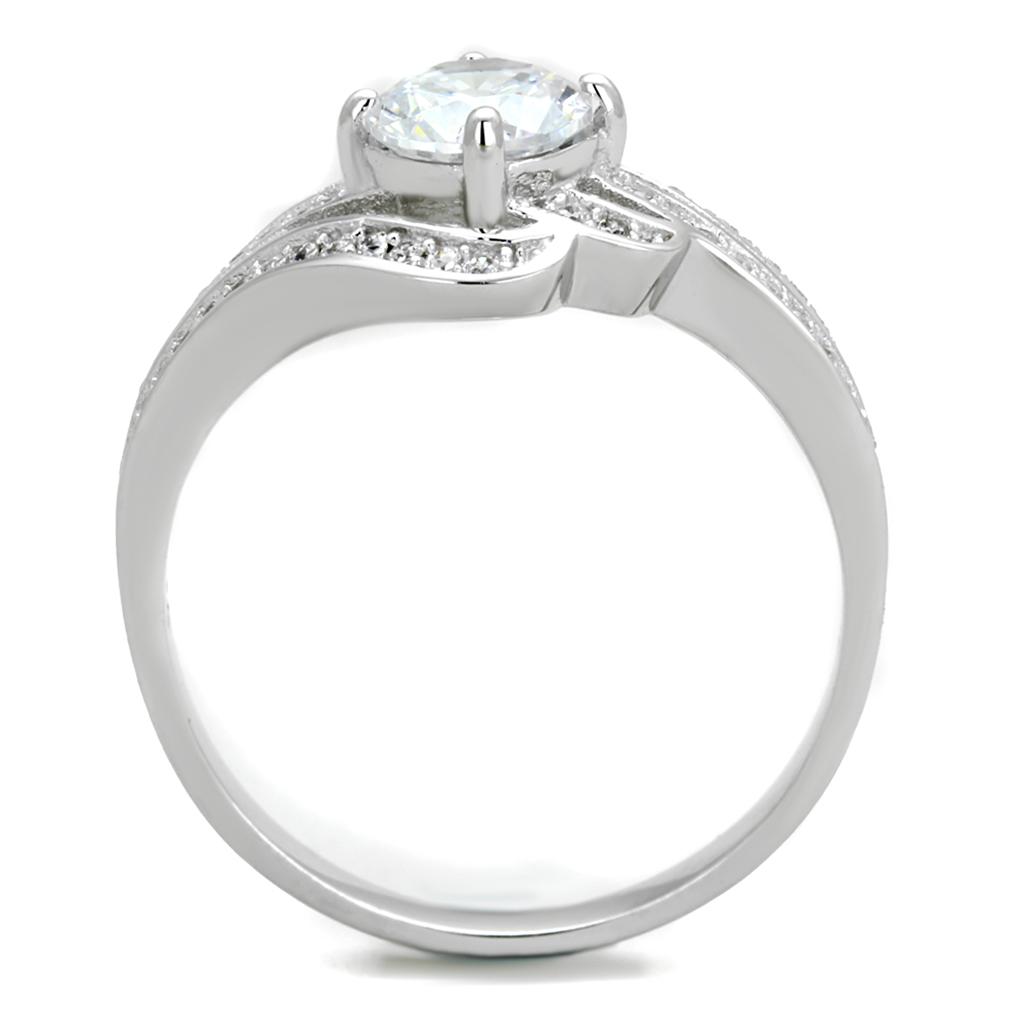 TS303 Rhodium 925 Sterling Silver Ring featuring a clear AAA Grade CZ stone, showcasing its elegant design and shiny finish.