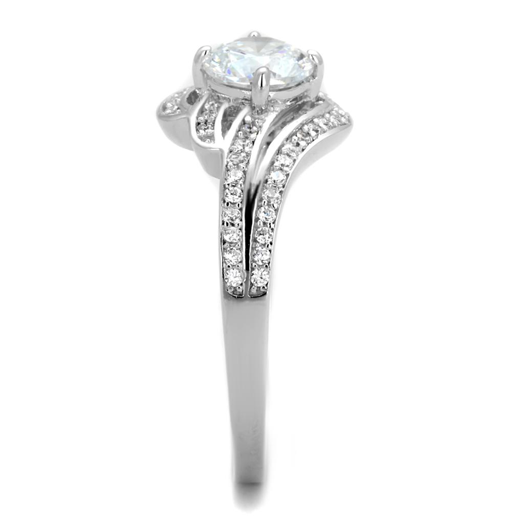 TS303 Rhodium 925 Sterling Silver Ring featuring a clear AAA Grade CZ stone, showcasing its elegant design and shiny finish.