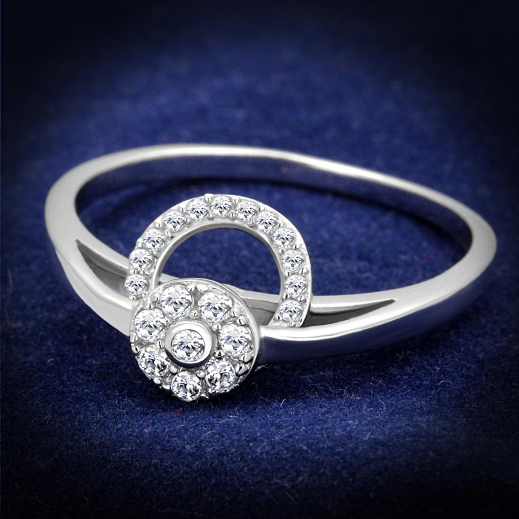 TS310 Rhodium 925 Sterling Silver Ring featuring a clear AAA Grade CZ stone, showcasing its elegant design and high-quality finish.