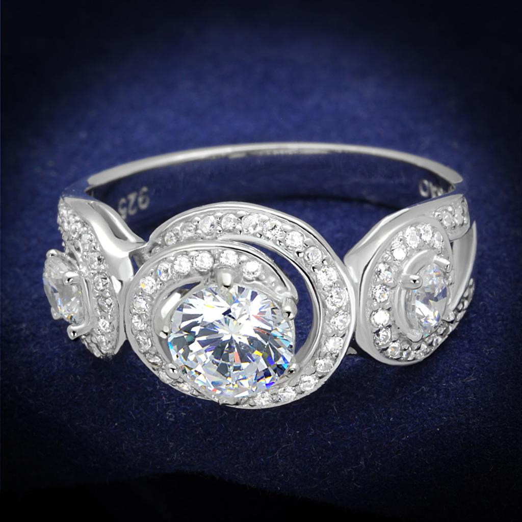 TS332 Rhodium 925 Sterling Silver Ring featuring a clear AAA Grade CZ stone, showcasing its elegant design and shiny finish.