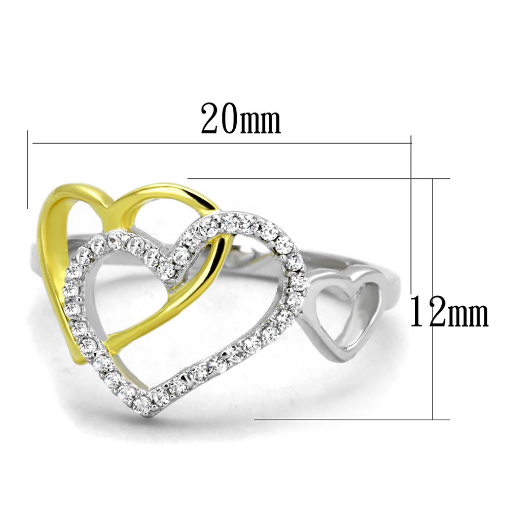 TS321 Gold and Rhodium 925 Sterling Silver Ring featuring a clear AAA Grade CZ stone, showcasing elegance and quality.