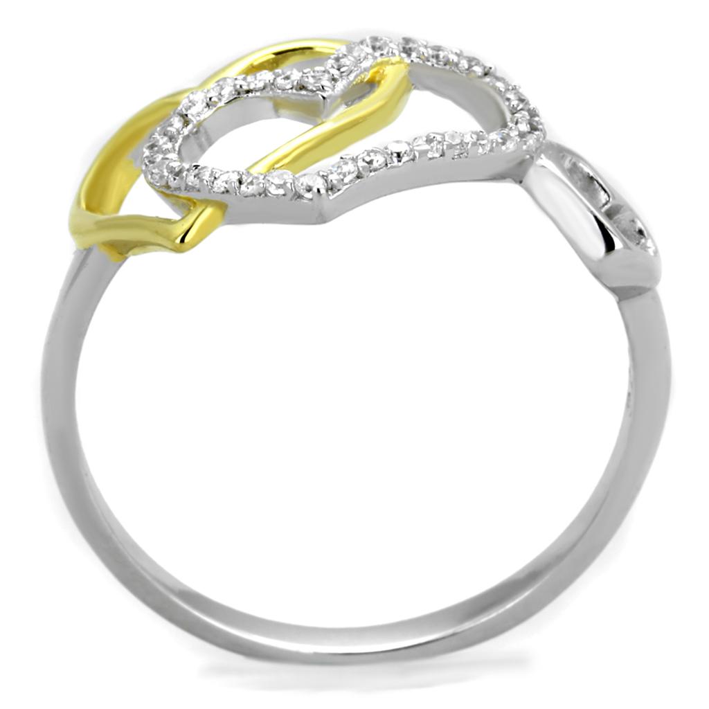 TS321 Gold and Rhodium 925 Sterling Silver Ring featuring a clear AAA Grade CZ stone, showcasing elegance and quality.