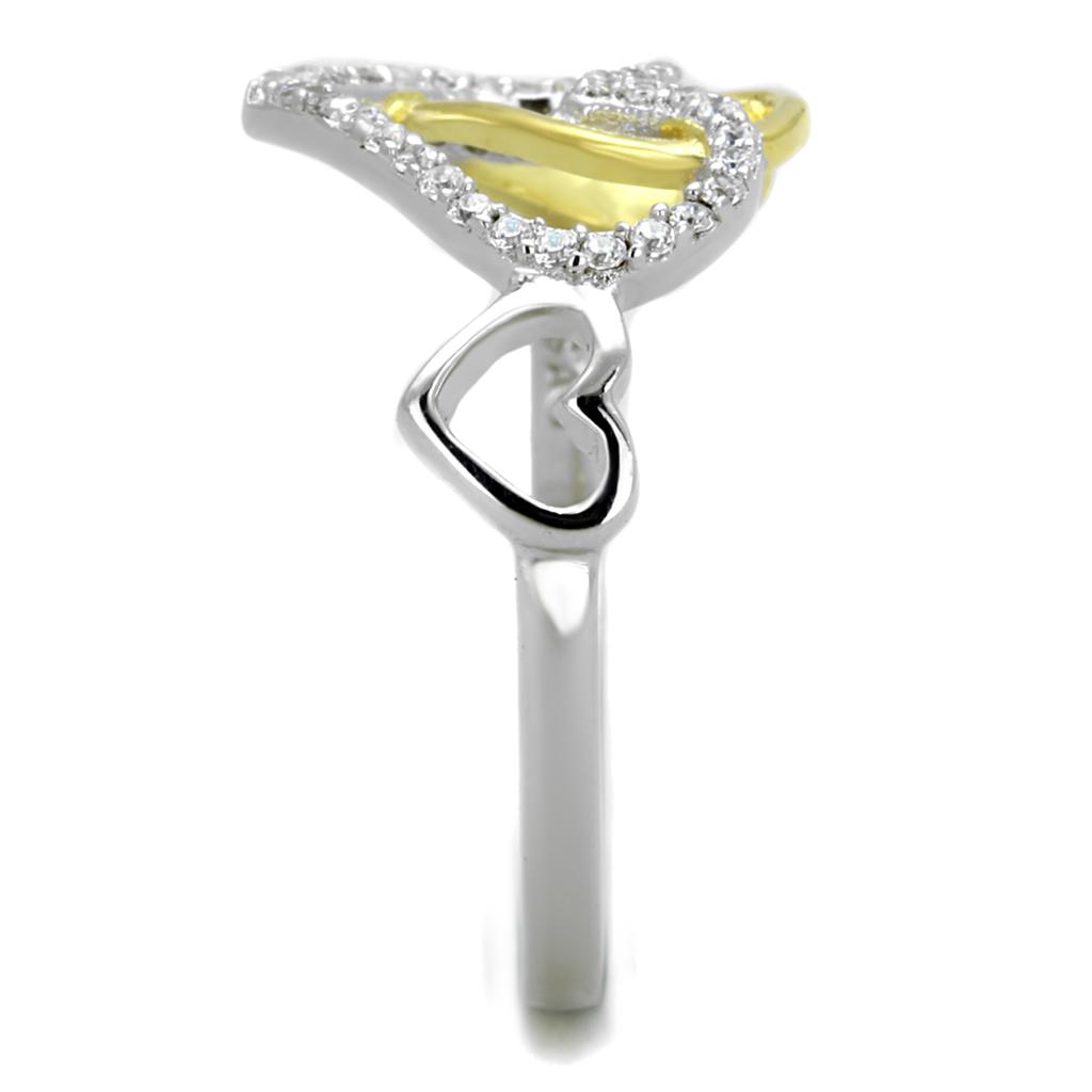 TS321 Gold and Rhodium 925 Sterling Silver Ring featuring a clear AAA Grade CZ stone, showcasing elegance and quality.