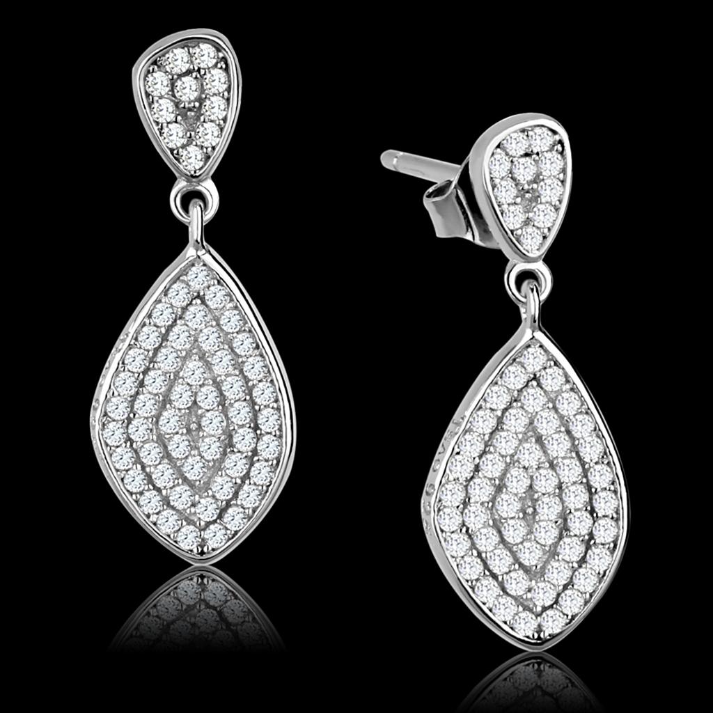 TS325 Rhodium 925 Sterling Silver Earrings featuring AAA Grade clear CZ stones, showcasing elegance and shine.
