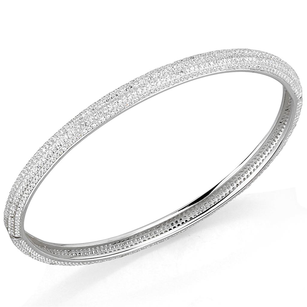 TS328 Rhodium 925 Sterling Silver Bangle featuring a clear AAA Grade CZ stone, showcasing its elegant design and high-quality materials.
