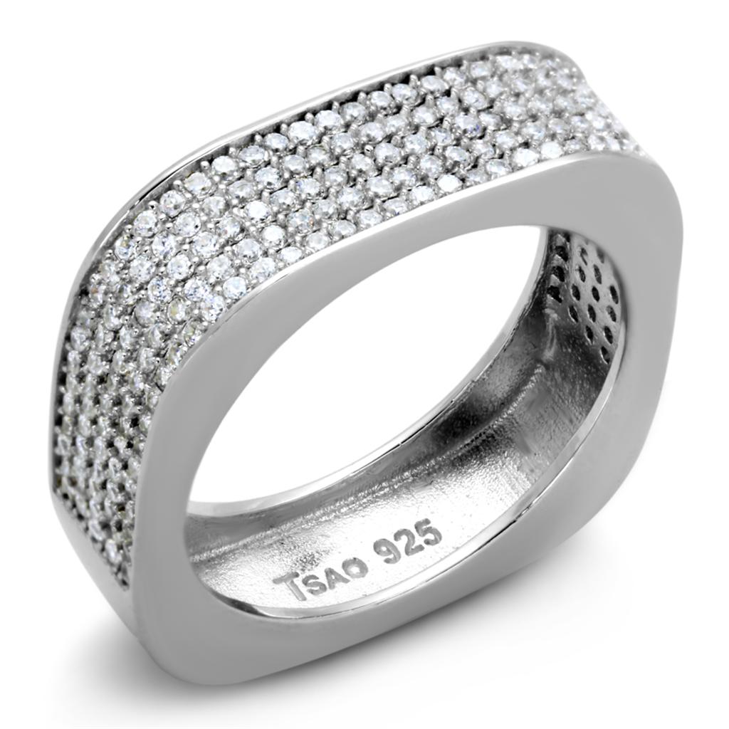 TS346 Rhodium 925 Sterling Silver Ring featuring a clear AAA Grade CZ stone, showcasing its elegant design and shiny finish.