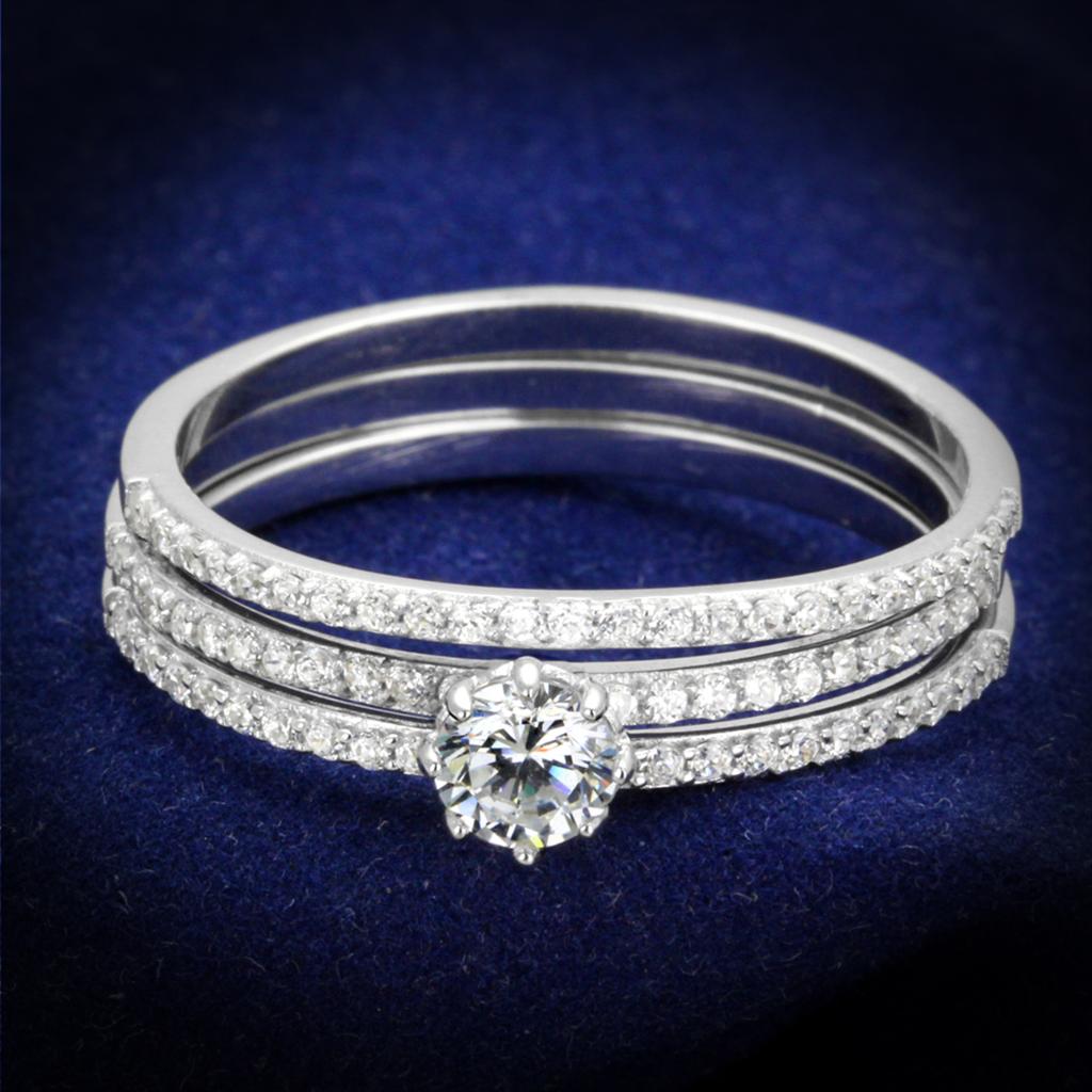 TS347 Rhodium 925 Sterling Silver Ring featuring a clear AAA Grade CZ stone, showcasing its elegant design and high-quality finish.