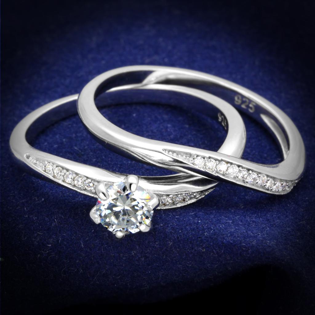 TS349 Rhodium 925 Sterling Silver Ring featuring a clear AAA Grade CZ stone, showcasing its elegant design and shiny finish.