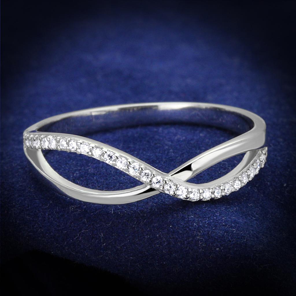 TS355 Rhodium 925 Sterling Silver Ring featuring a clear AAA Grade CZ stone, showcasing its elegant design and shiny finish.