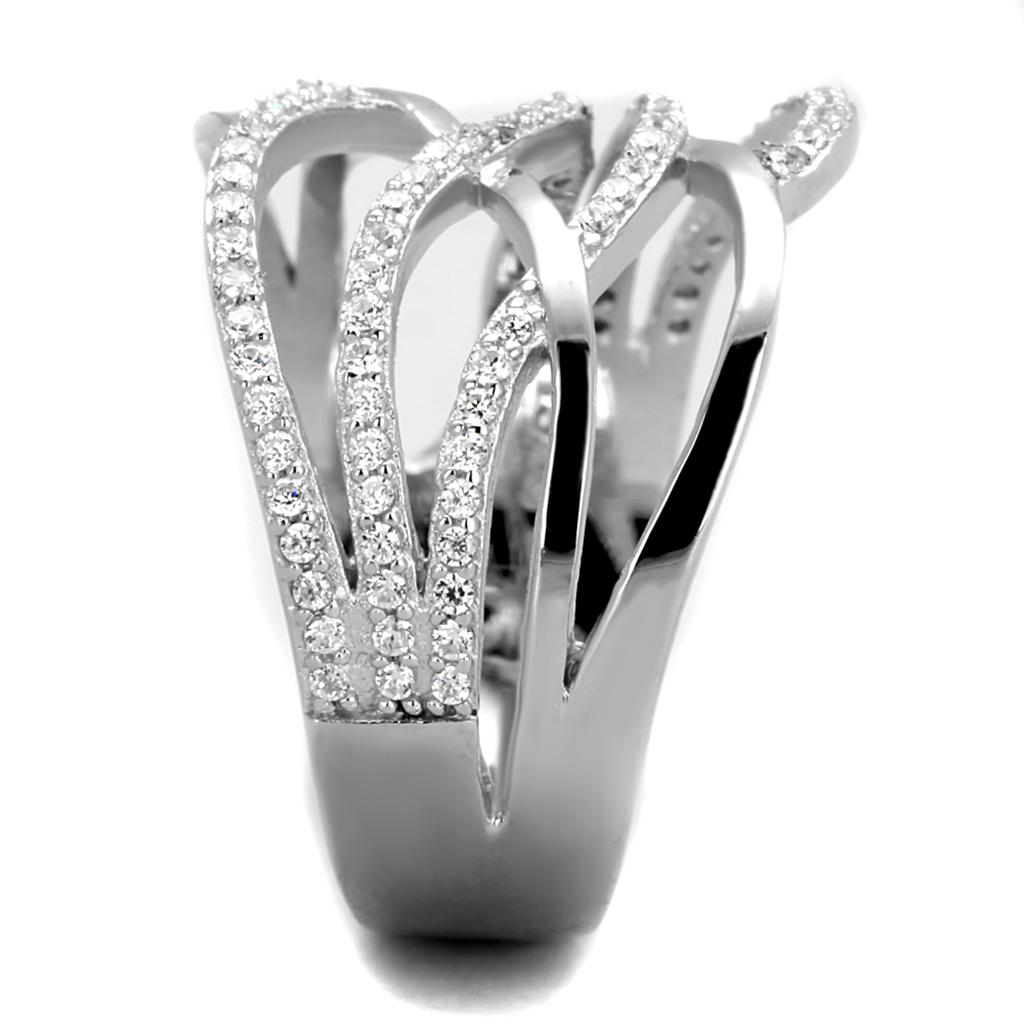 TS357 Rhodium 925 Sterling Silver Ring featuring a clear AAA Grade CZ stone, showcasing its elegant design and high-quality finish.