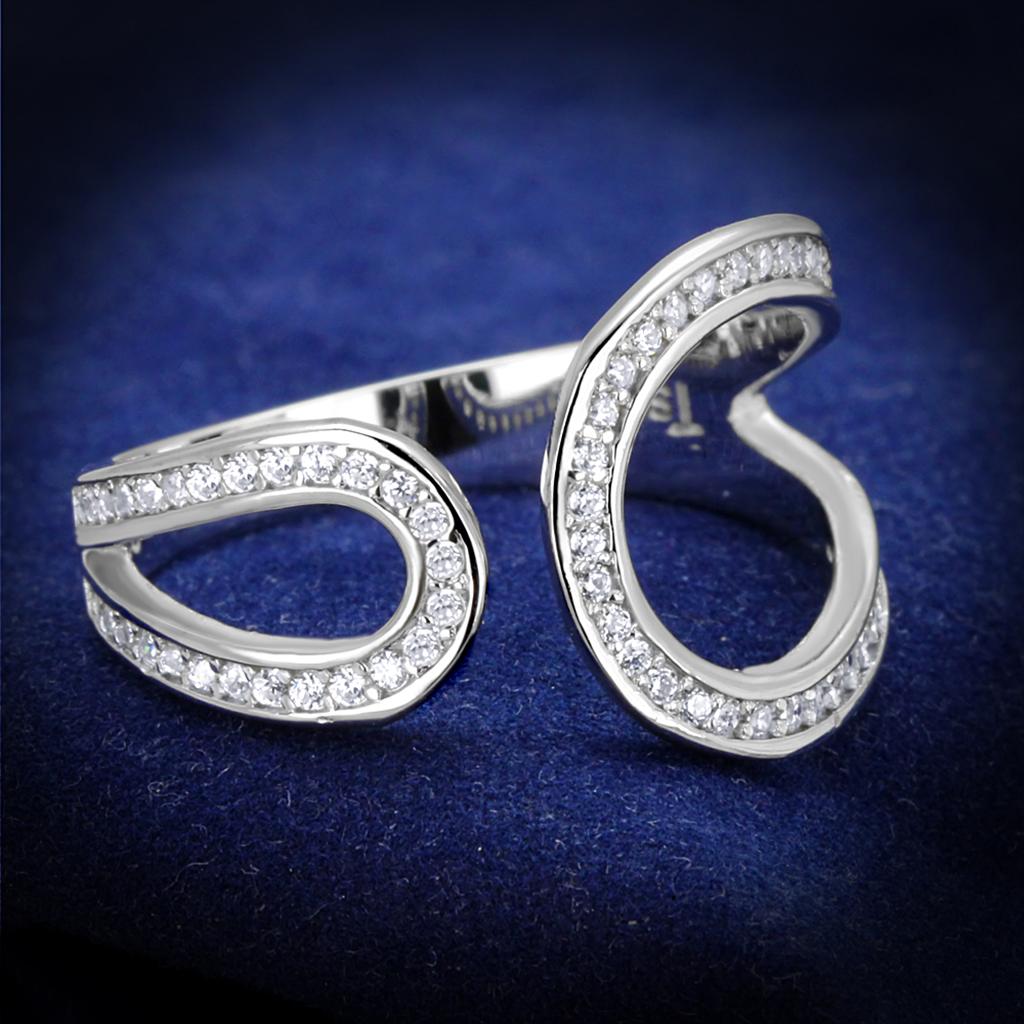 TS359 Rhodium 925 Sterling Silver Ring featuring a clear AAA Grade CZ stone, showcasing its elegant design and shiny finish.