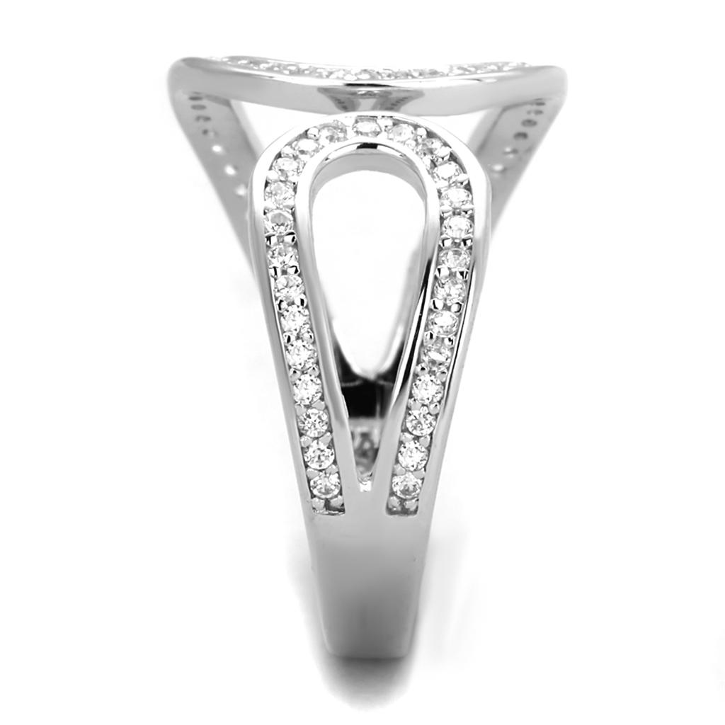 TS359 Rhodium 925 Sterling Silver Ring featuring a clear AAA Grade CZ stone, showcasing its elegant design and shiny finish.