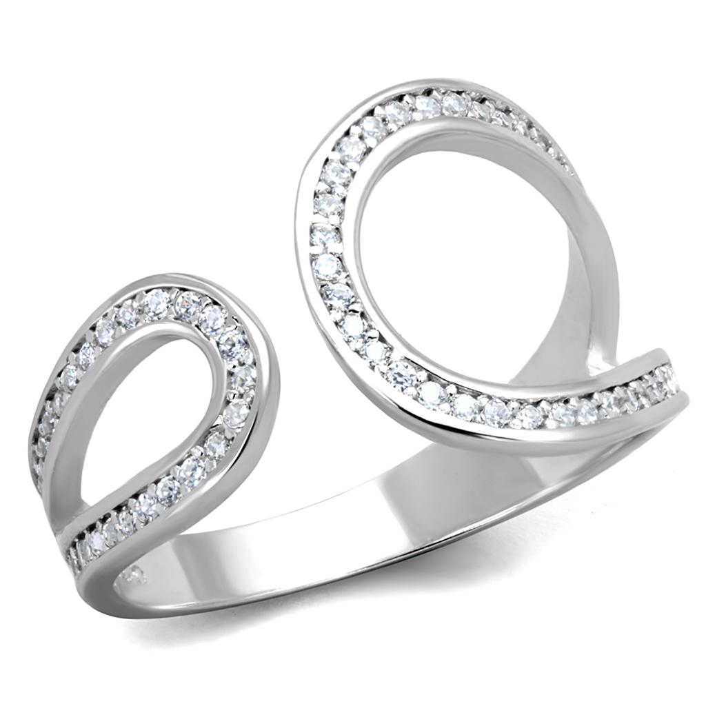 TS359 Rhodium 925 Sterling Silver Ring featuring a clear AAA Grade CZ stone, showcasing its elegant design and shiny finish.