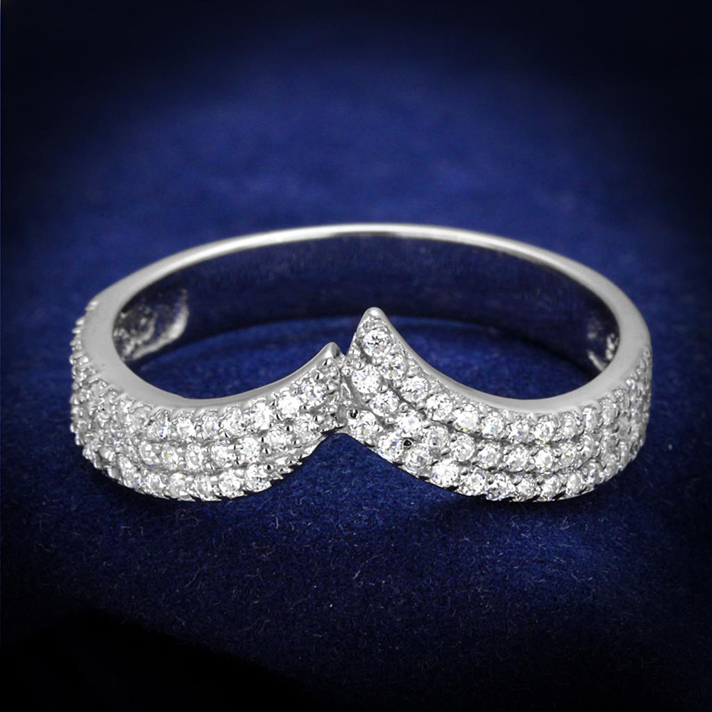TS366 Rhodium 925 Sterling Silver Ring featuring a clear AAA Grade CZ stone, showcasing its elegant design and shiny finish.