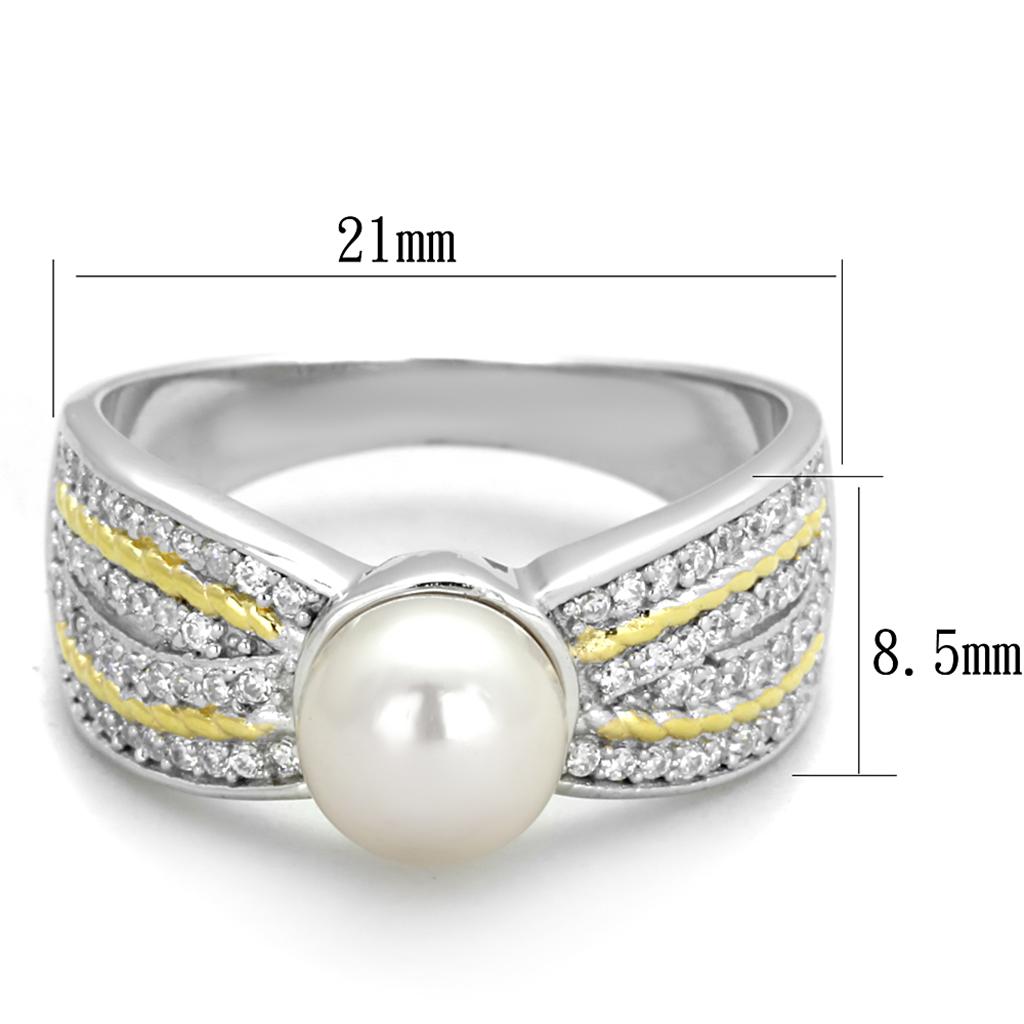 TS377 Reverse Two-Tone 925 Sterling Silver Ring featuring a white synthetic pearl, showcasing its elegant design and craftsmanship.