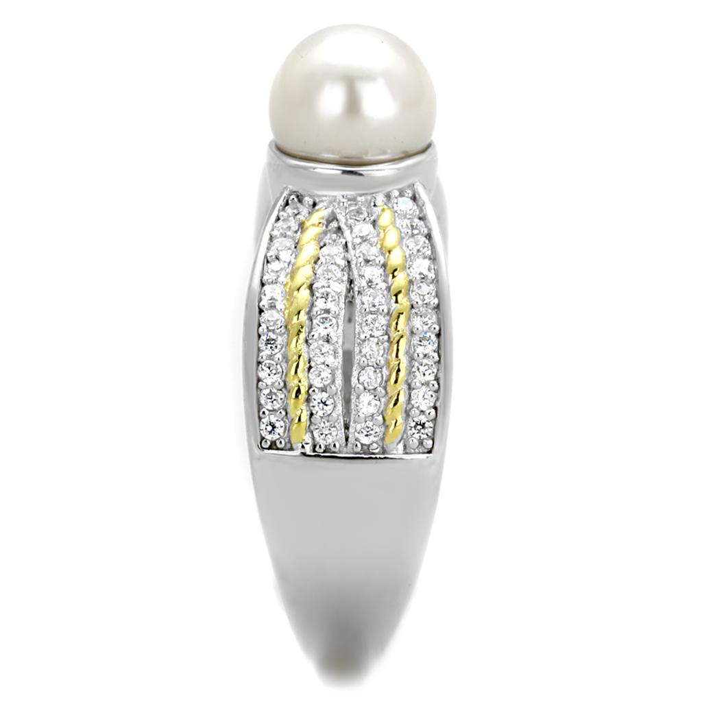 TS377 Reverse Two-Tone 925 Sterling Silver Ring featuring a white synthetic pearl, showcasing its elegant design and craftsmanship.