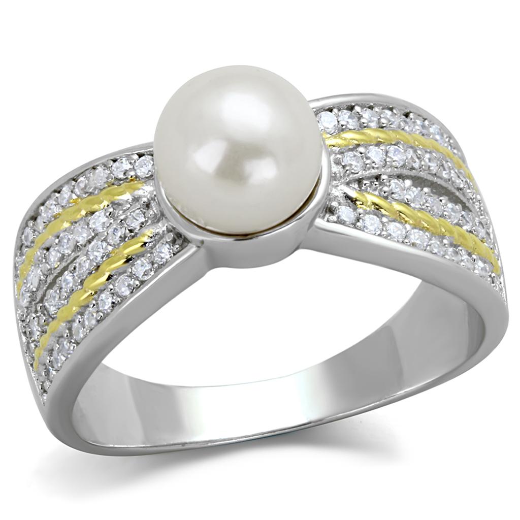 TS377 Reverse Two-Tone 925 Sterling Silver Ring featuring a white synthetic pearl, showcasing its elegant design and craftsmanship.