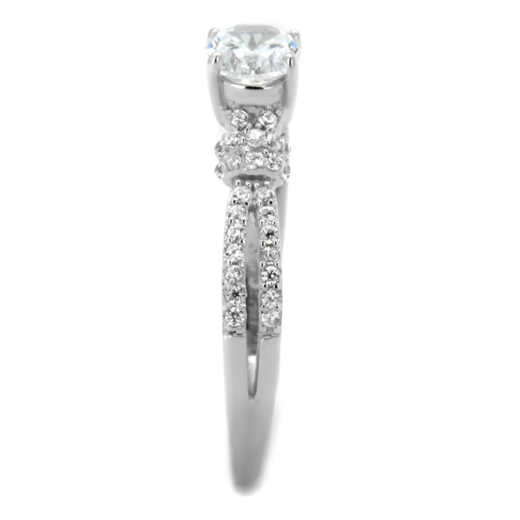 TS337 Rhodium 925 Sterling Silver Ring featuring a clear AAA Grade CZ stone, showcasing its elegant design and shiny finish.