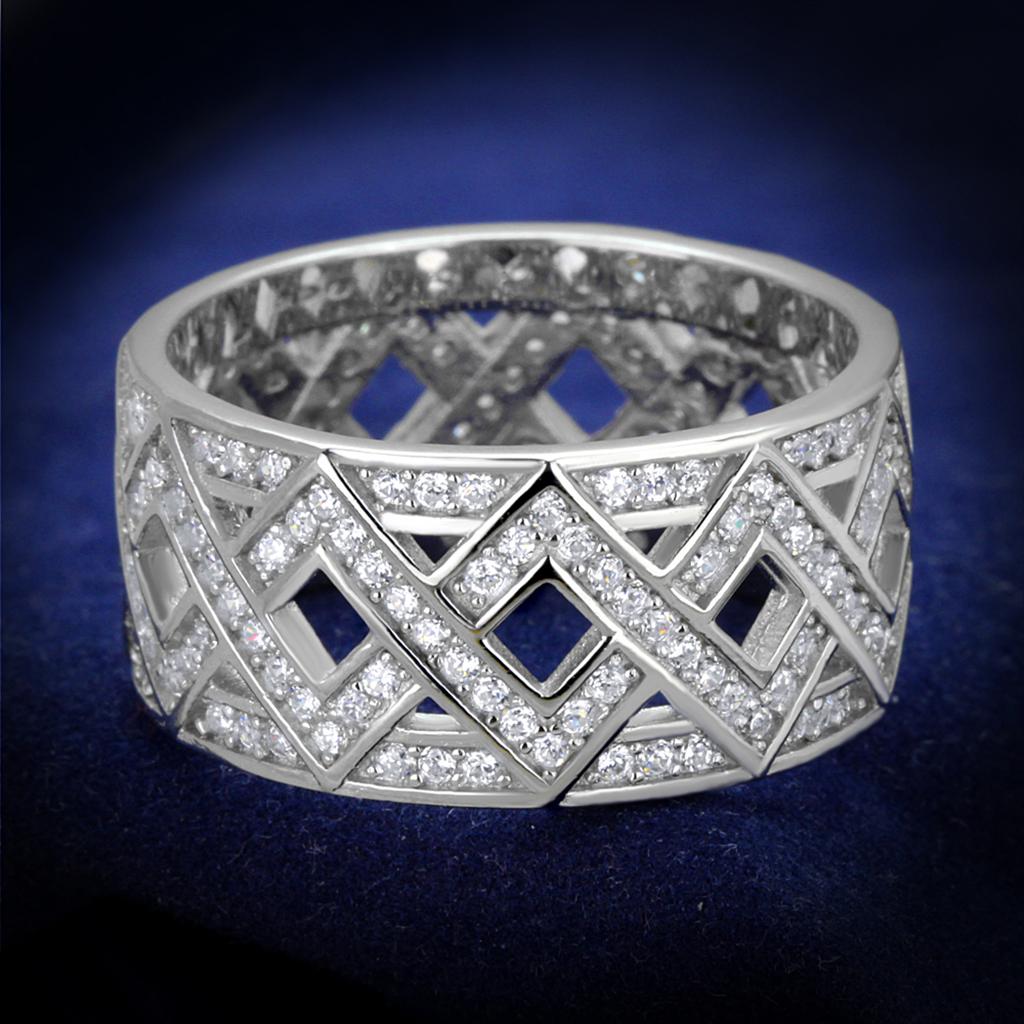 TS372 Rhodium 925 Sterling Silver Ring featuring AAA Grade Clear CZ stone, showcasing its elegant design and shine.